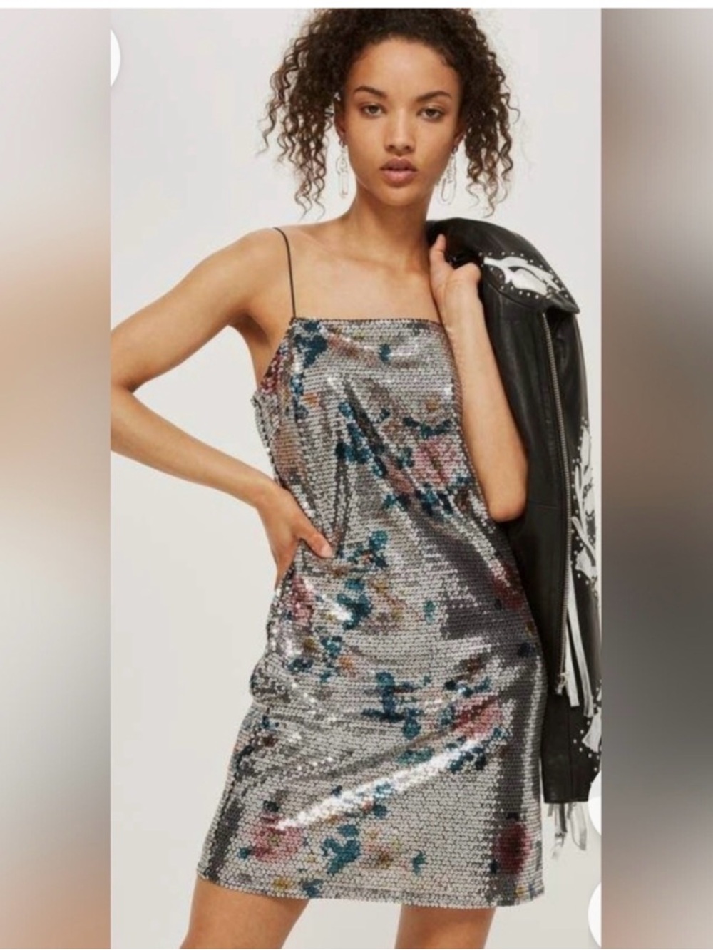 Silver Sequin Floral Slip Dress Topshop